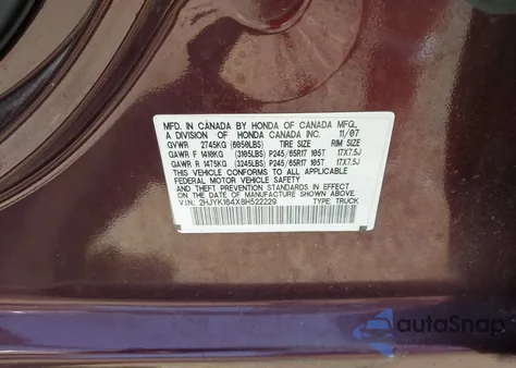 2008 Honda Ridgeline Rts z USA, uszkodzony, nr VIN 2HJYK164X8H522229